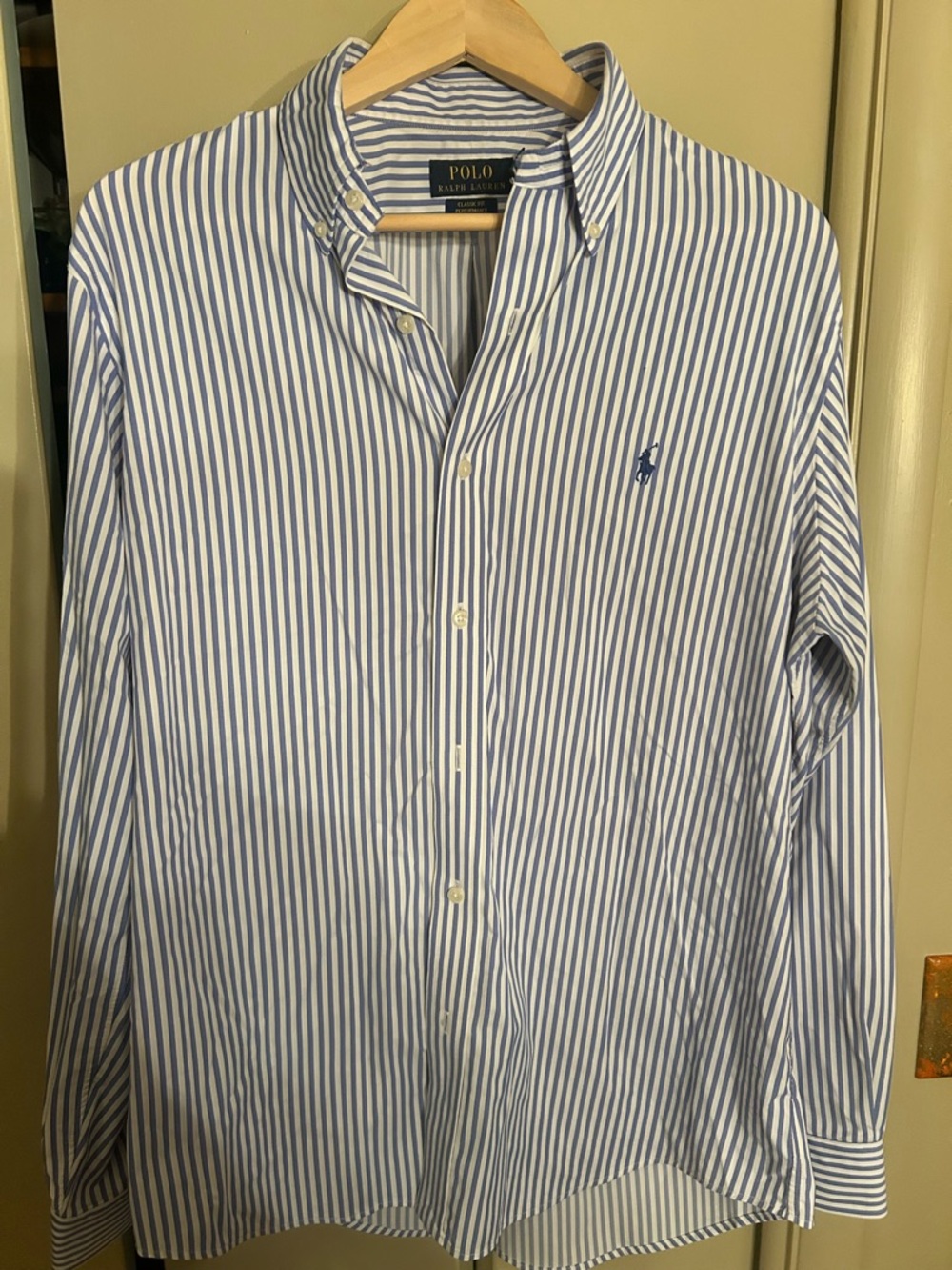 Ralph Lauren Blue and White Vertical Stripe Button-Down Shirt 23”W X 31”L